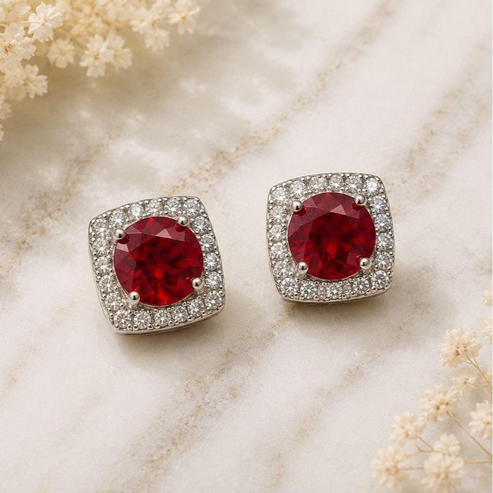 Vintage Ruby Red Halo Stud Earrings Sterling Overlay Made with Swarovski Crystal